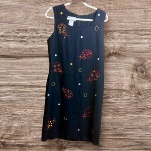 Vintage Betsy, Lauren, black linen blend ladybug sleeveless dress. Size 16.